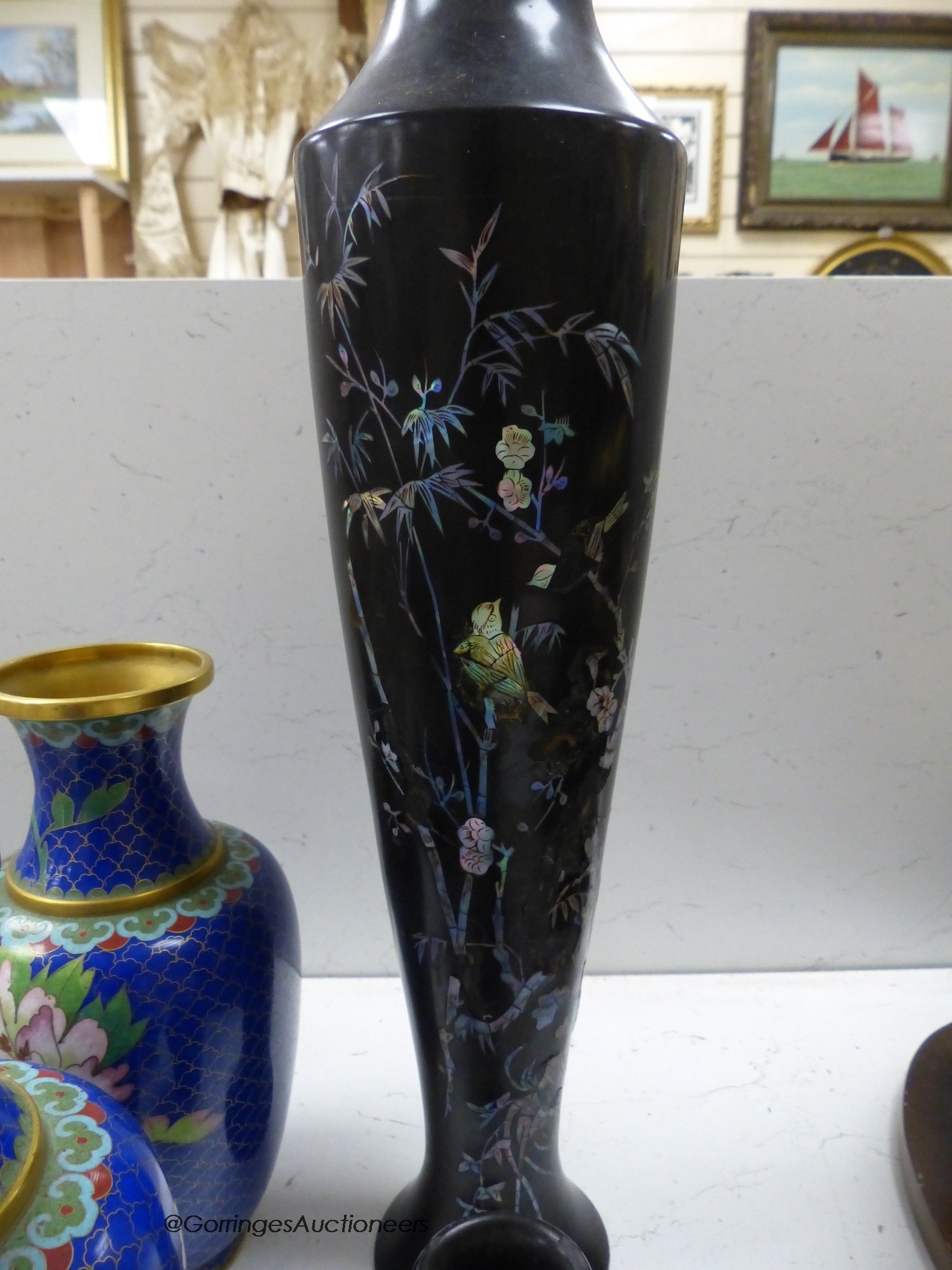 A pair of Chinese cloisonne vases and a smaller pair of cloisonne vases, and two mother of pearl inlaid vases, height 44cm